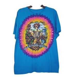 Liquid Blue Grateful Dead Blue T-Shirt with Tie Dye Skeleton & Roses Logo Sze L